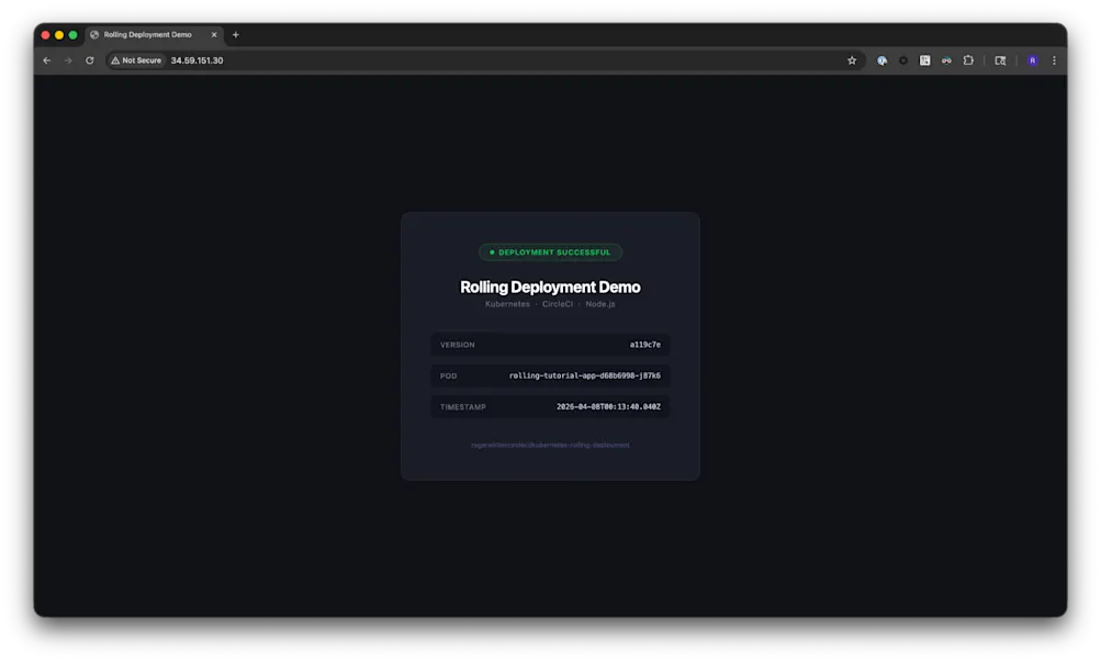 Browser showing sample app status page confirming  successful rolling deployment