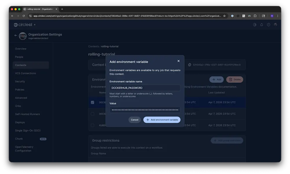 CircleCI Organization Settings showing environment variables added to the rolling-tutorial context