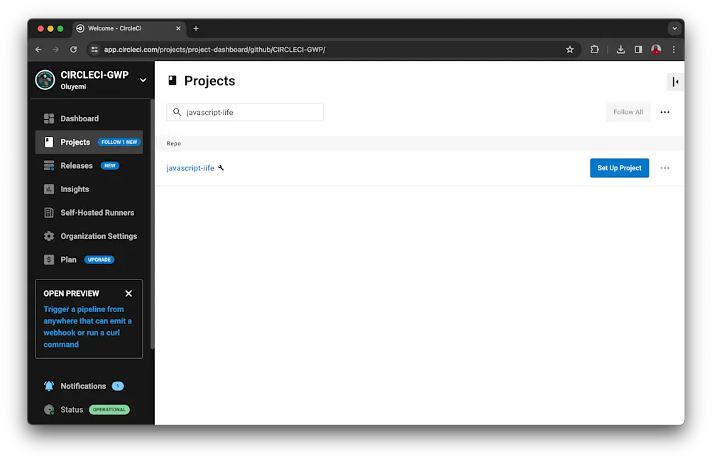 CircleCI project selection