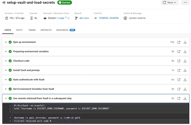 Success after retrieving secrets from Vault