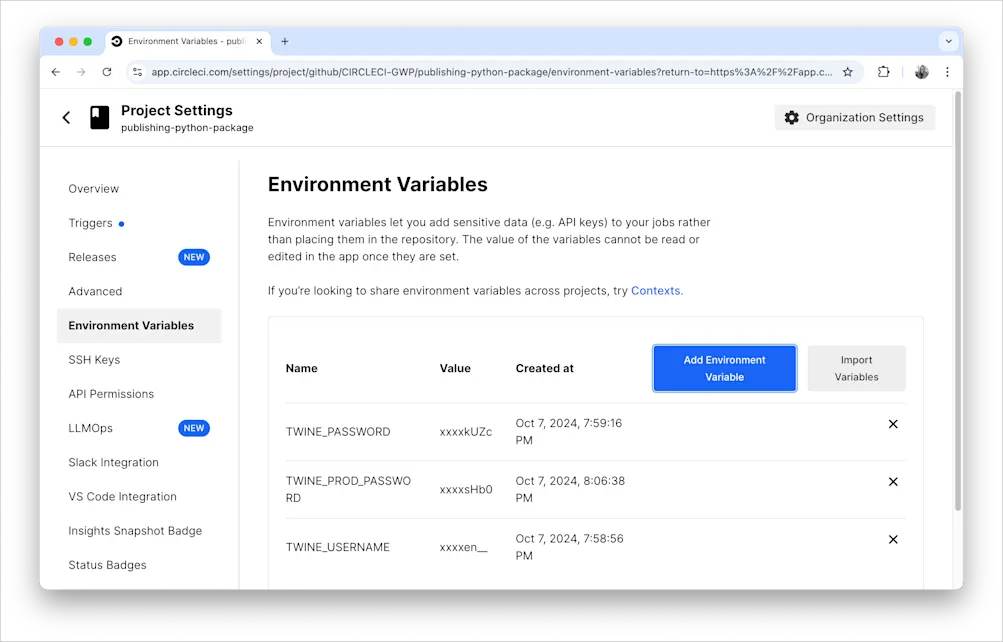 Filled environment variables