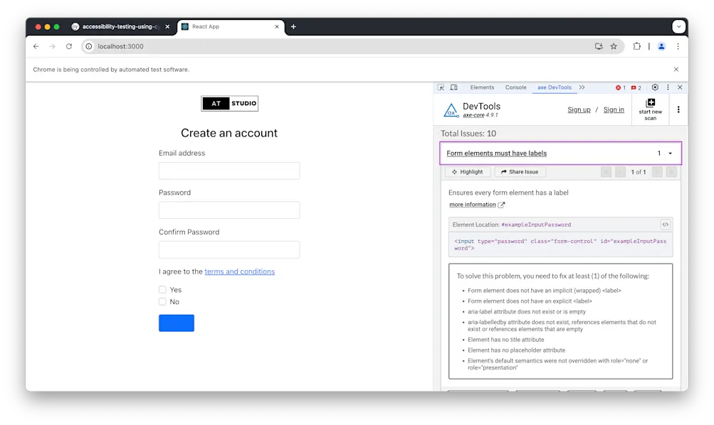 Issues found by axe plugin