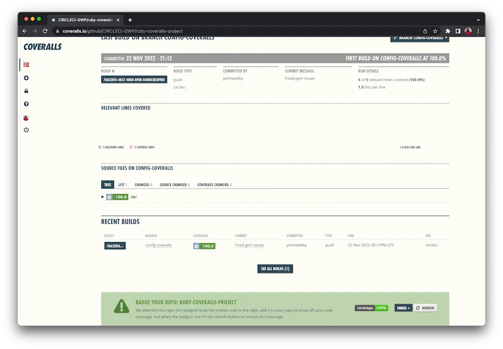Coveralls first build 80 percent
