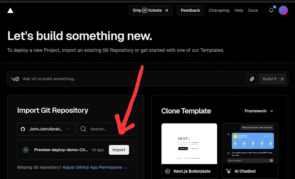 Import GitHub project into Vercel