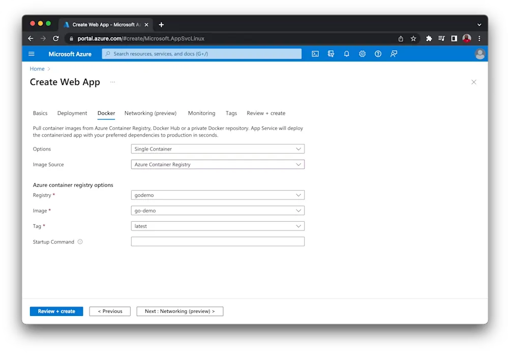 Link web app to container