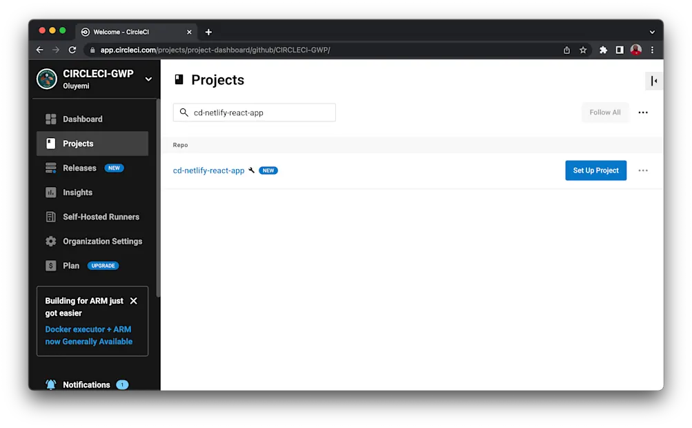Search for project - CircleCI