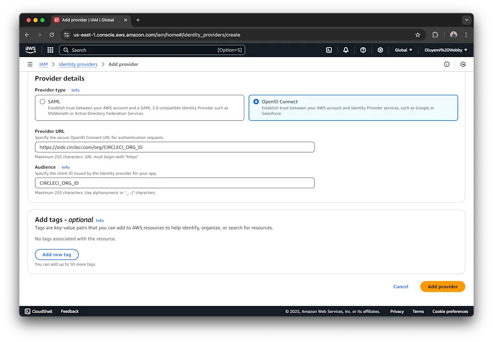 AWS IAM OIDC provider settings