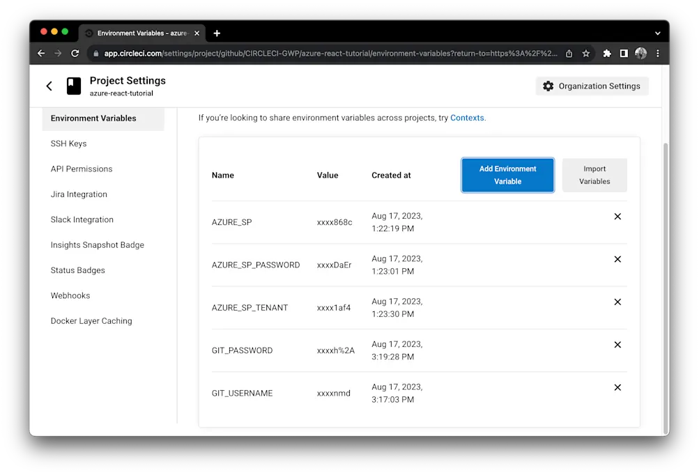 List of environment variables