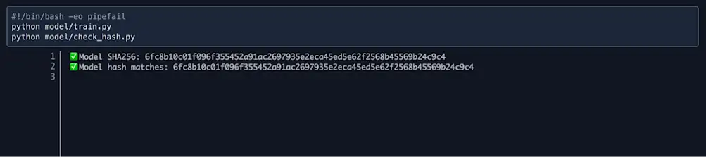 The two model hashes match; the pipeline builds successfully