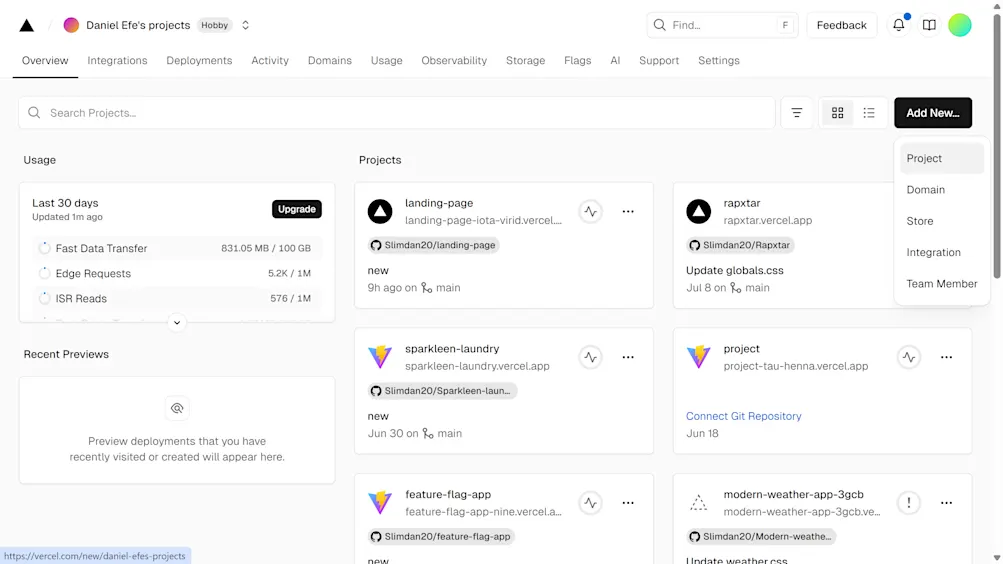 Add new project on Vercel