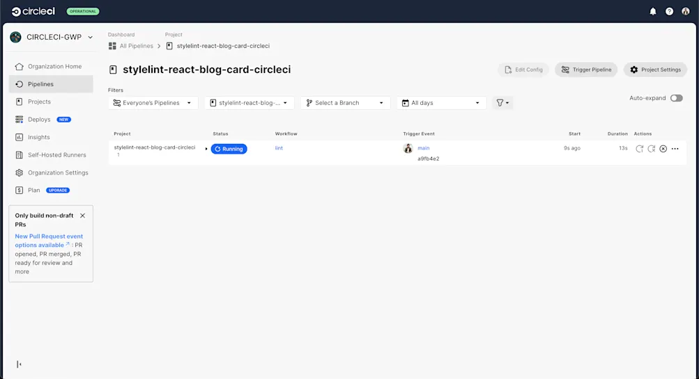 CircleCI Stylelint pipeline running