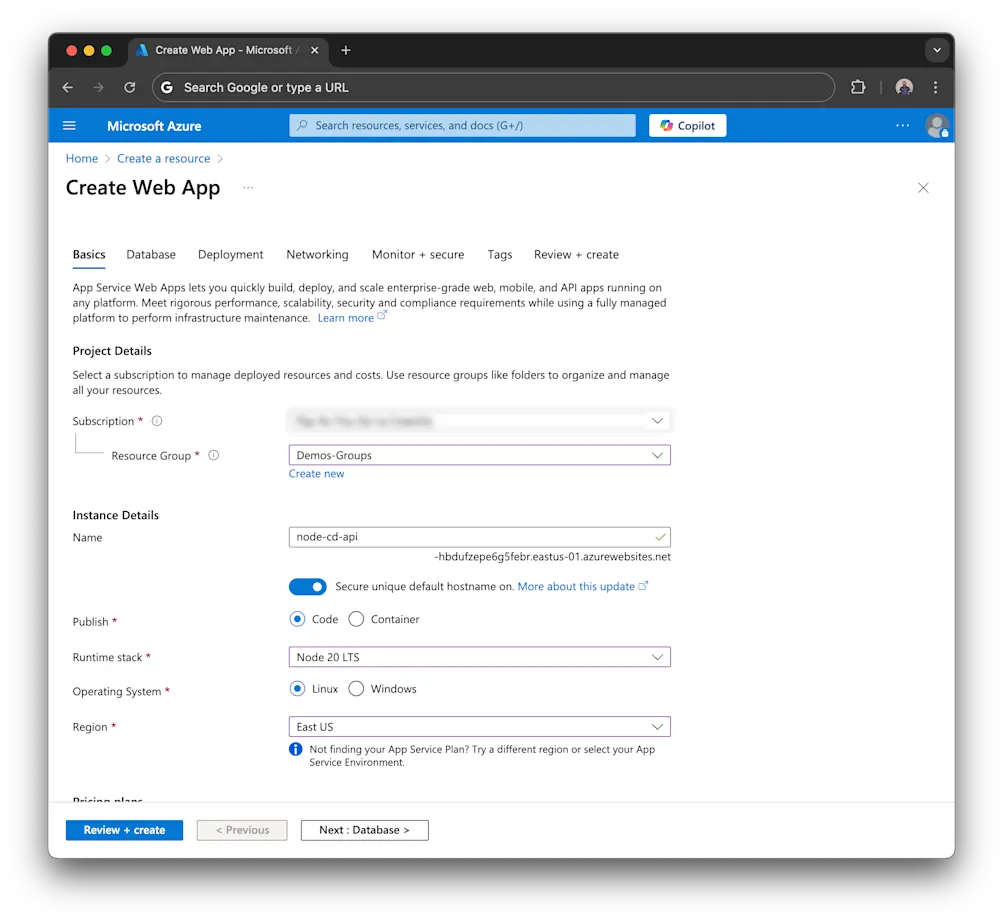 Create web app options - Azure