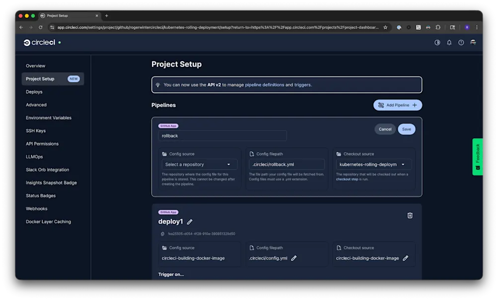 CircleCI Project Settings with Add Pipeline form pointing to .circleci/rollback.yml