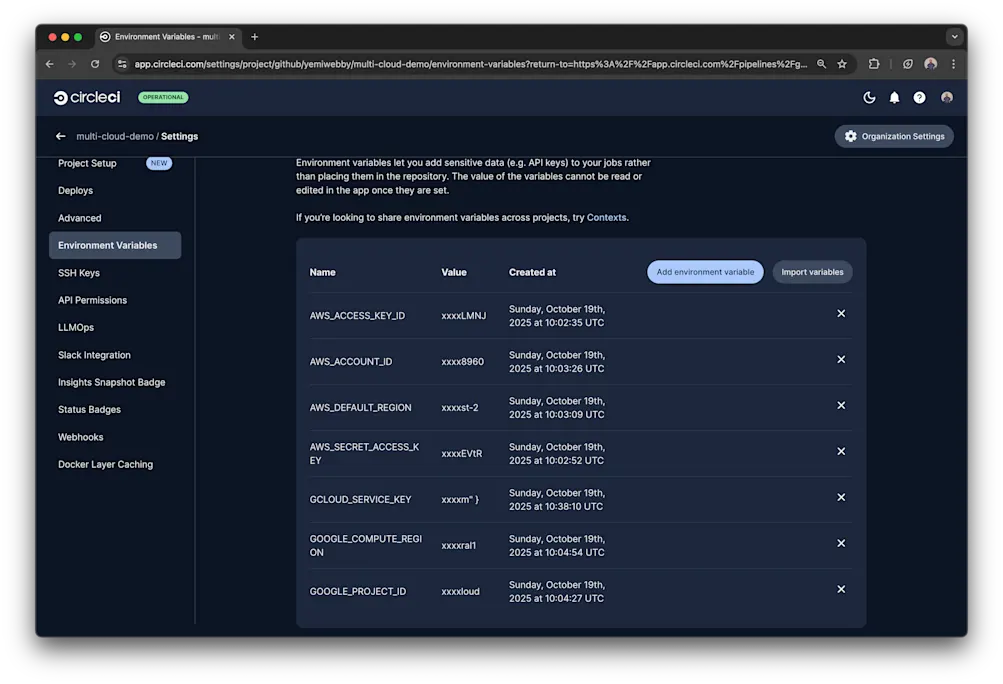 CircleCI environment variables