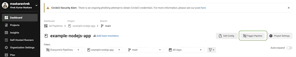 Trigger pipeline for the NodeJS application