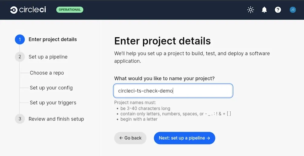 CircleCI project name screen