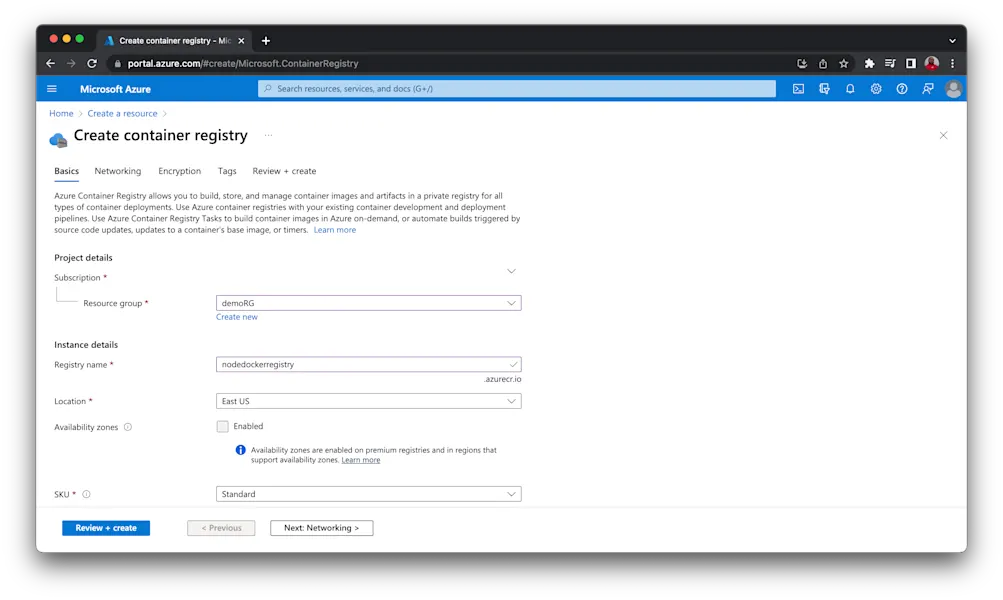 Create Registry Page - Azure
