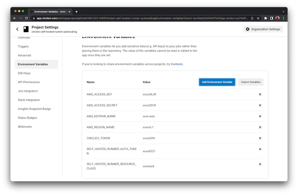 Circle CI set up environment variables