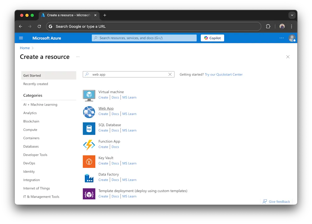 Create web app - Azure