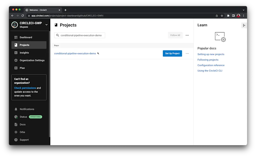 Select project on CircleCI