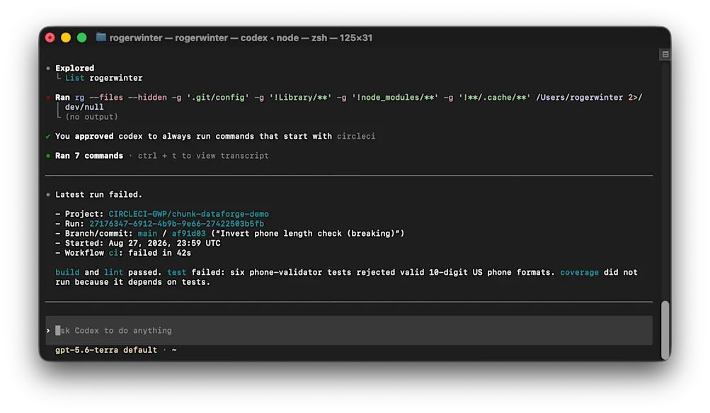 Codex reporting a failed CircleCI pipeline, naming the workflow, the failing job, and the cause