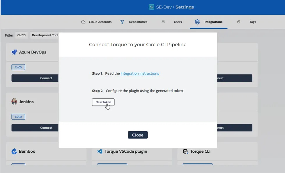 New token menu in the Torque Integrations tab