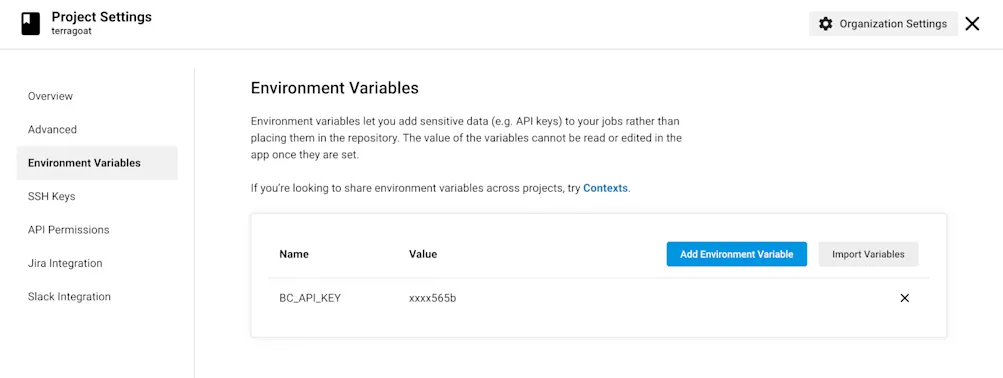 CircleCI environment variables page