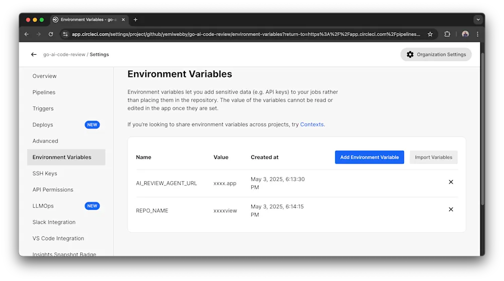 CircleCI environment variables