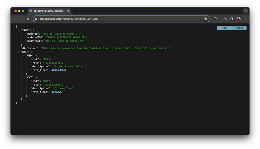 Bitcoin Price Index browser response