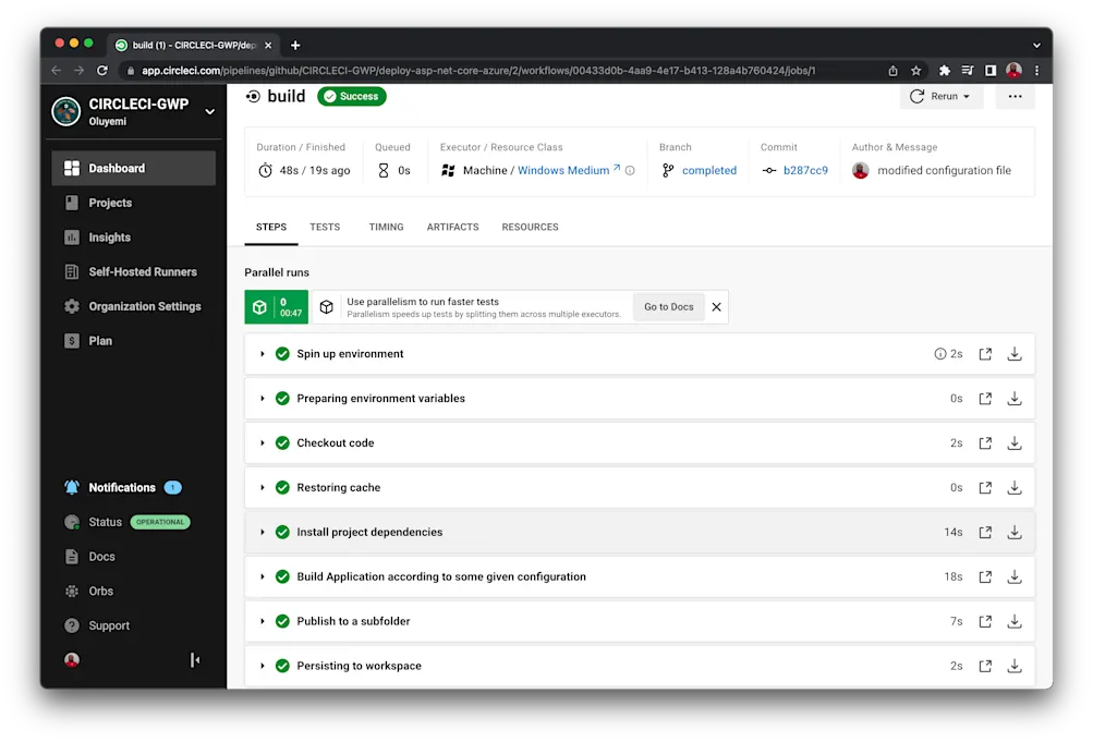 The complete steps for the build job