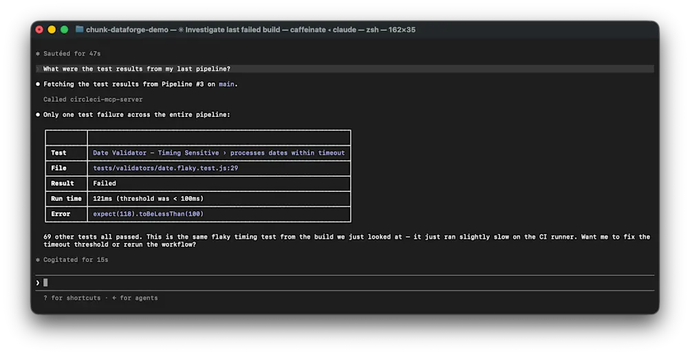 CircleCI MCP server providing Claude Code with information on test failures in CI pipeline