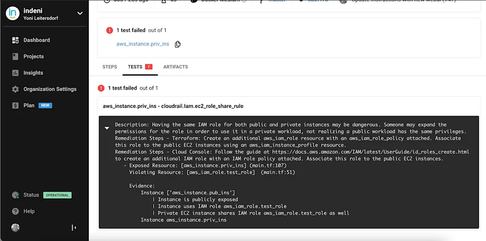 Test tab view - test failure