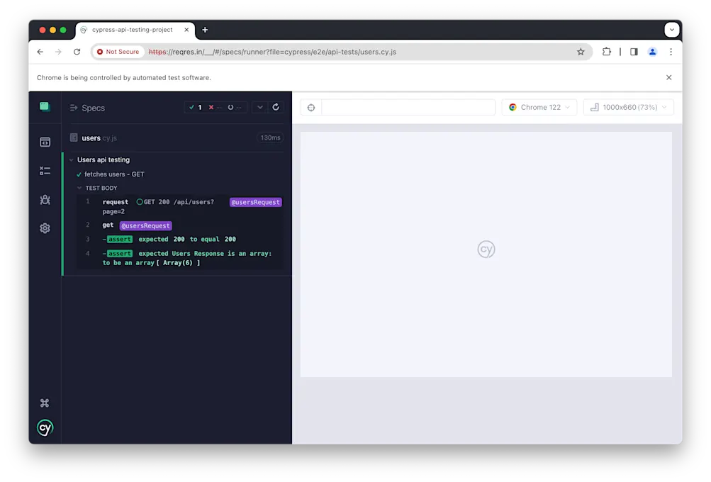 Cypress dashboard executing tests