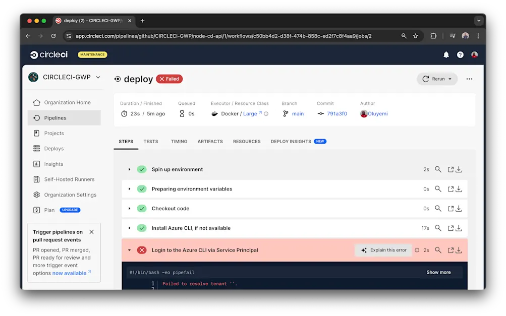 CircleCI pipeline failure