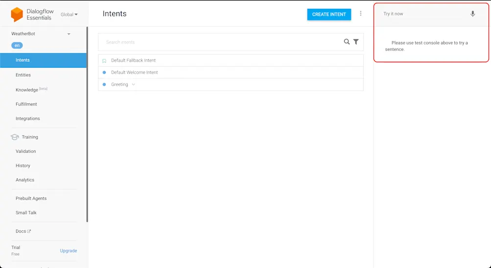 Dialogflow's Try it Now Panel