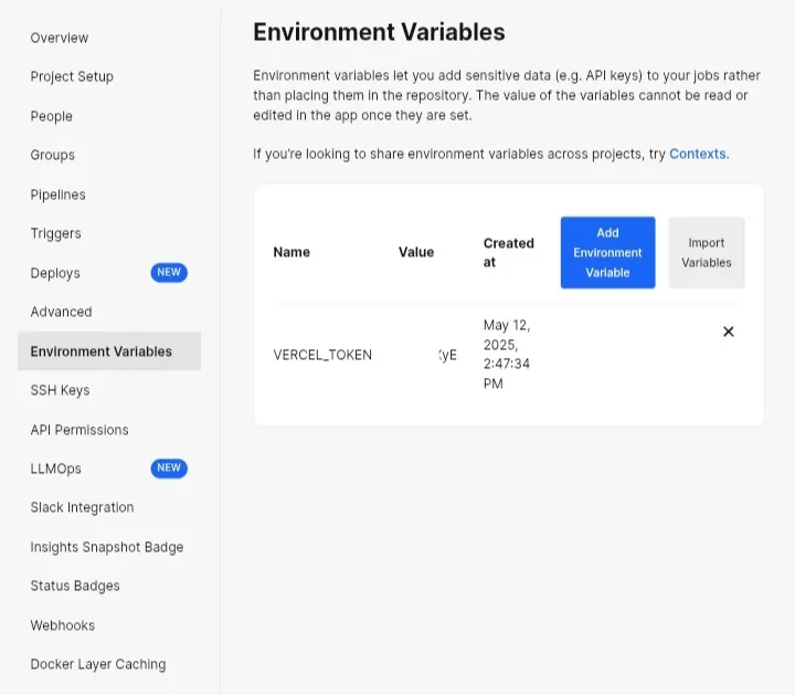 Add Vercel token as an environment variable in CircleCI
