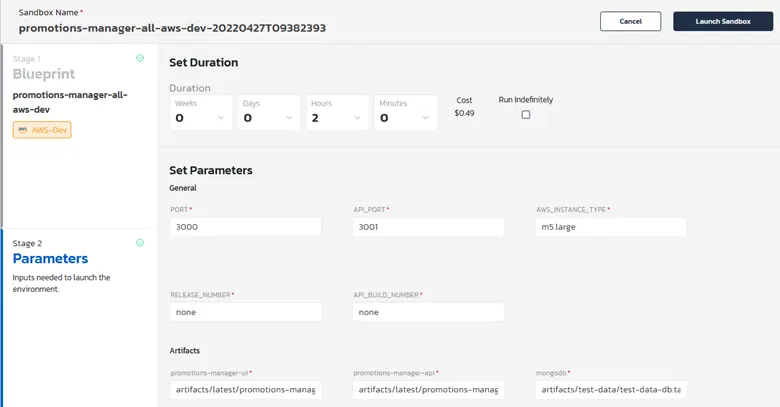 Sandbox parameters interface