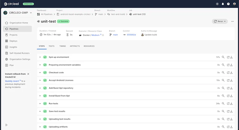 Successful unit test details on CircleCI