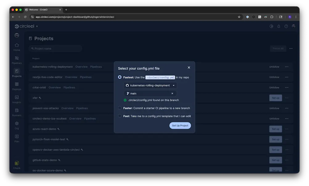 CircleCI Projects page with Set Up Project button highlighted