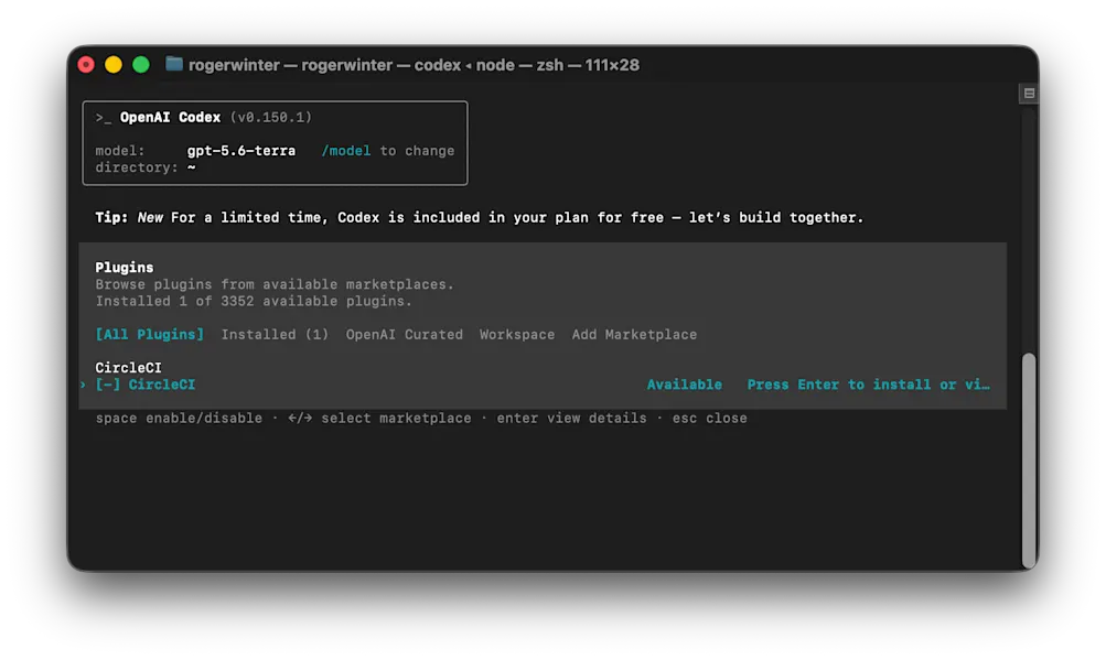 Installing the CircleCI plugin from the Codex plugin browser