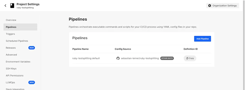 Project Settings GitHub OAuth App pipeline