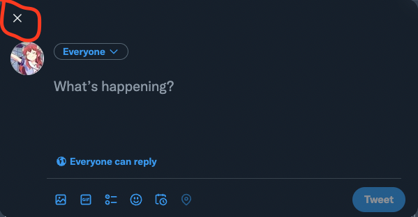 Twitter のツイート投稿ダイアログ。閉じるボタンが赤丸で強調されている。