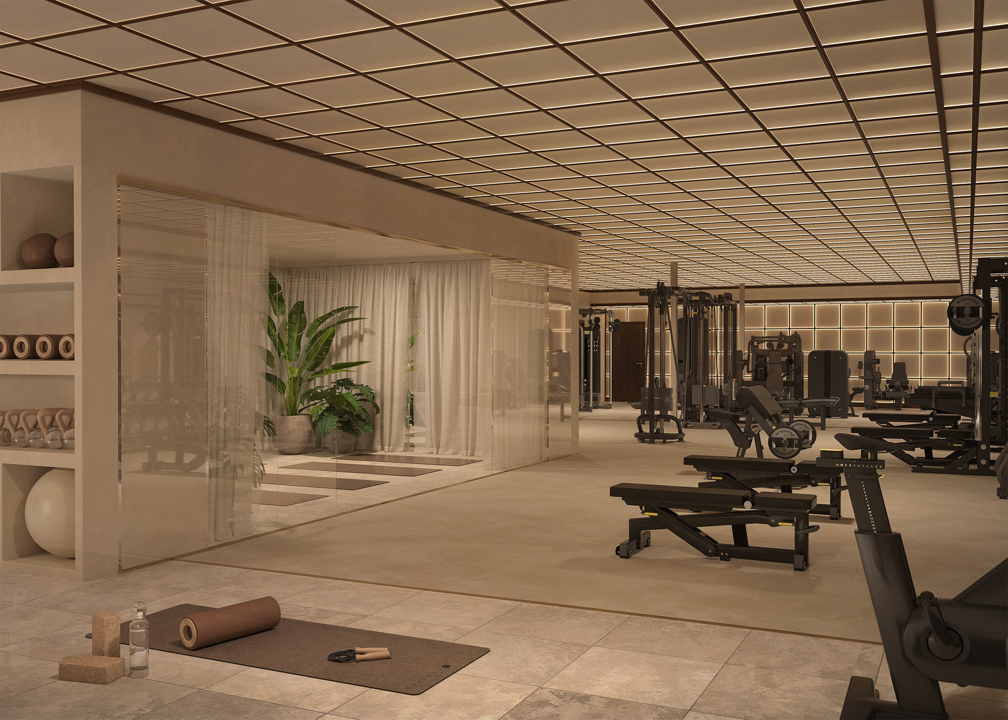 RÅformat SpikStudios VillaPauli Gym med möbler ljusare