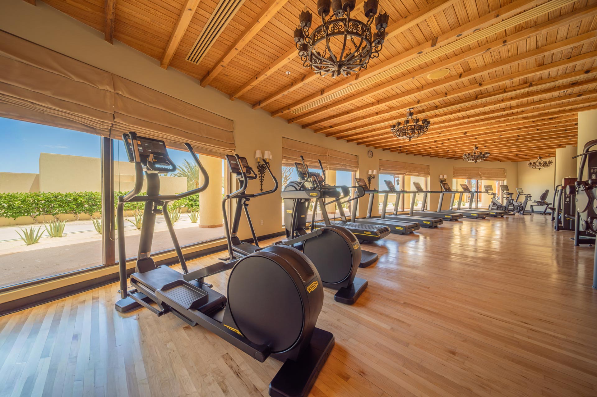 Technogym-equipped fitness center at Waldorf Astoria Los Cabos Pedregal featuring treadmills, elliptical trainers and floor-to-ceiling windows overlooking the Baja California landscape