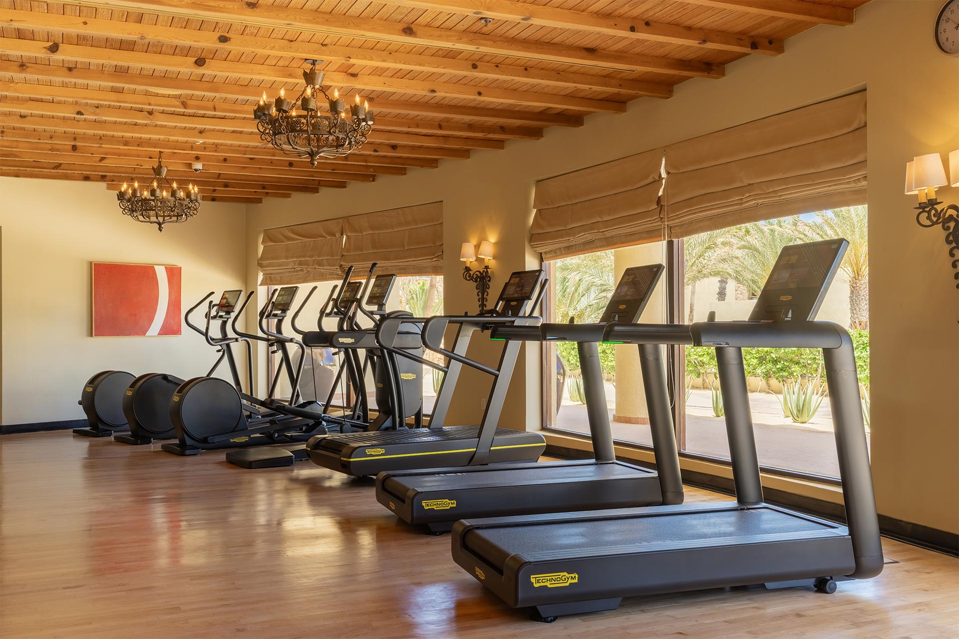 Technogym cardio equipment including treadmills and elliptical trainers inside the luxury fitness center at Waldorf Astoria Los Cabos Pedregal