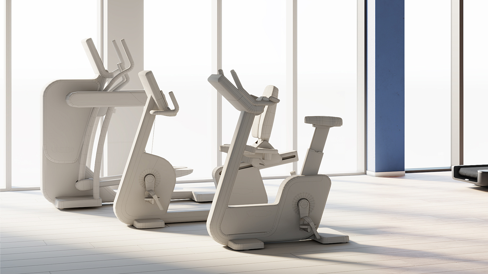 Modern indoor fitness center with two stationary exercise bikes positioned side by side, large windows allowing natural light to flood the space, creating a bright and inviting atmosphere for workouts.