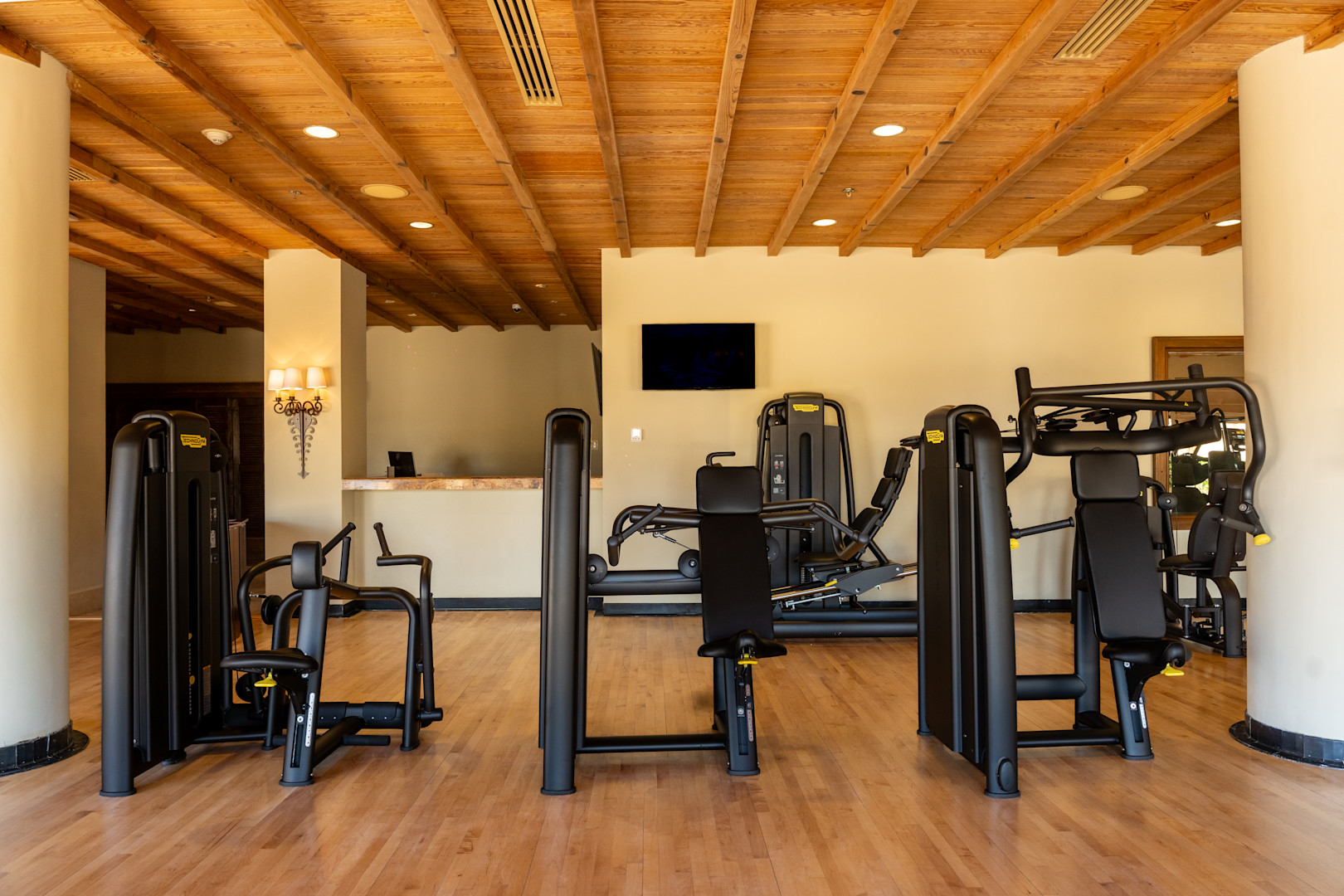 Technogym strength training equipment at Waldorf Astoria Los Cabos Pedregal fitness center, featuring premium resistance machines in a luxury resort wellness space