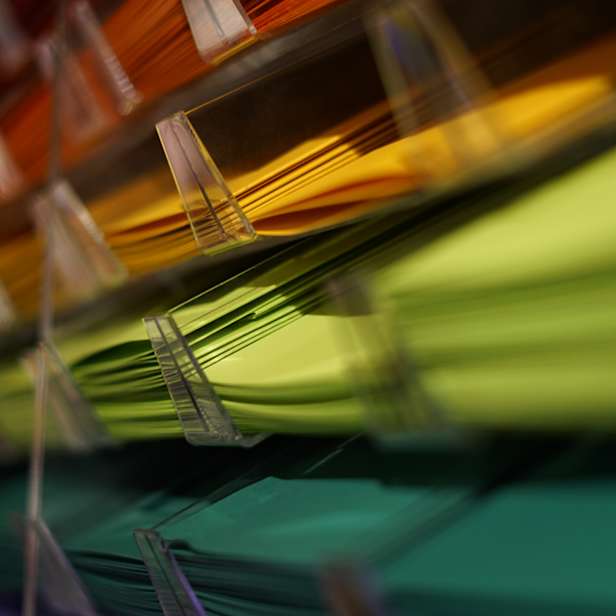 Different coloured card in a rack