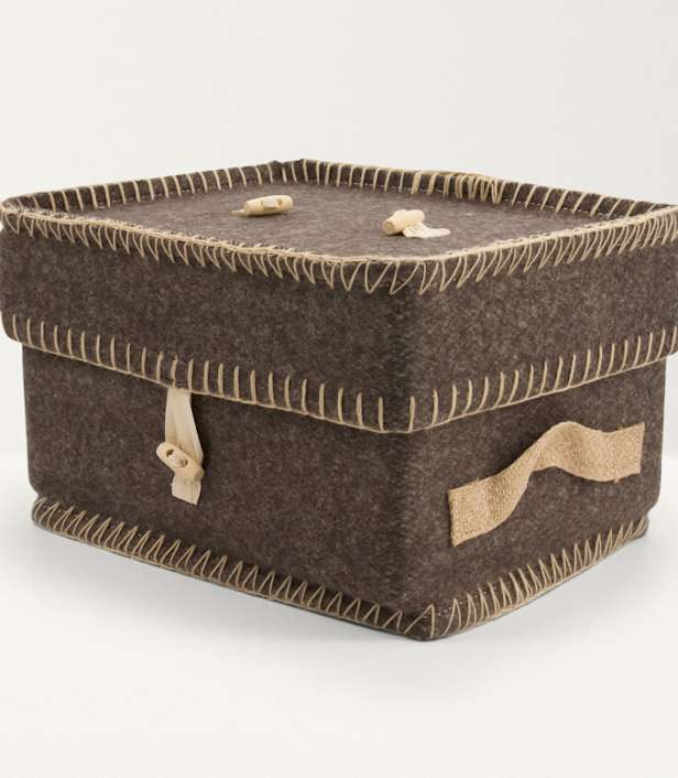 Close up image of grey wool ashes casket
