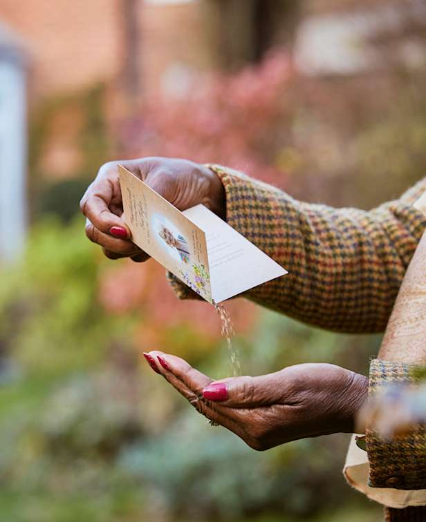 Person pouring memory seeds into hand from the packet